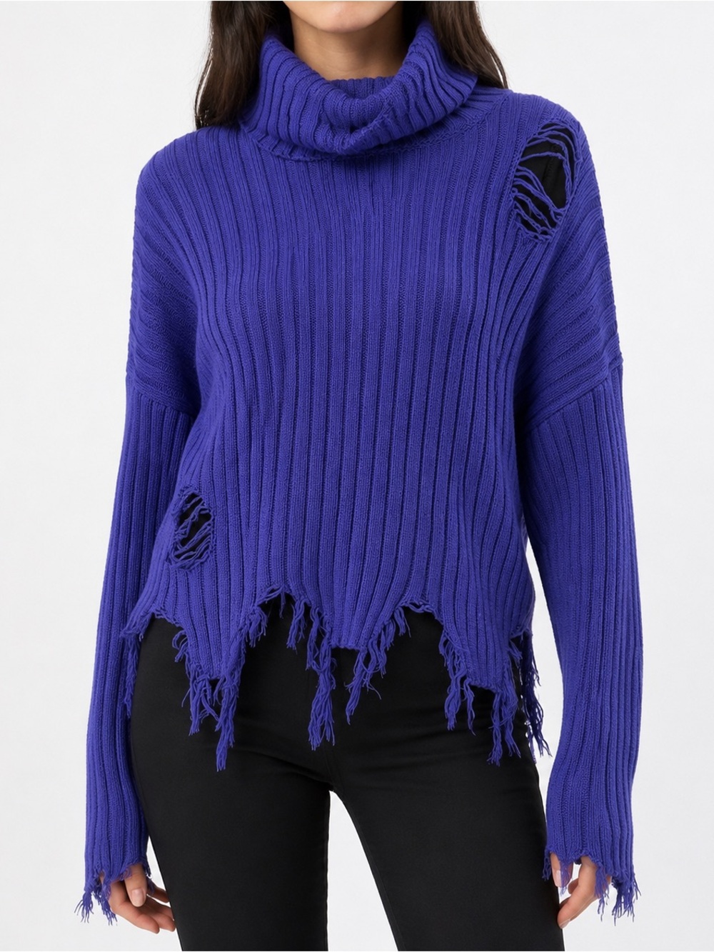 Forever 21 Purple Distressed Ribbed Turtleneck Grunge Sweater Size M
